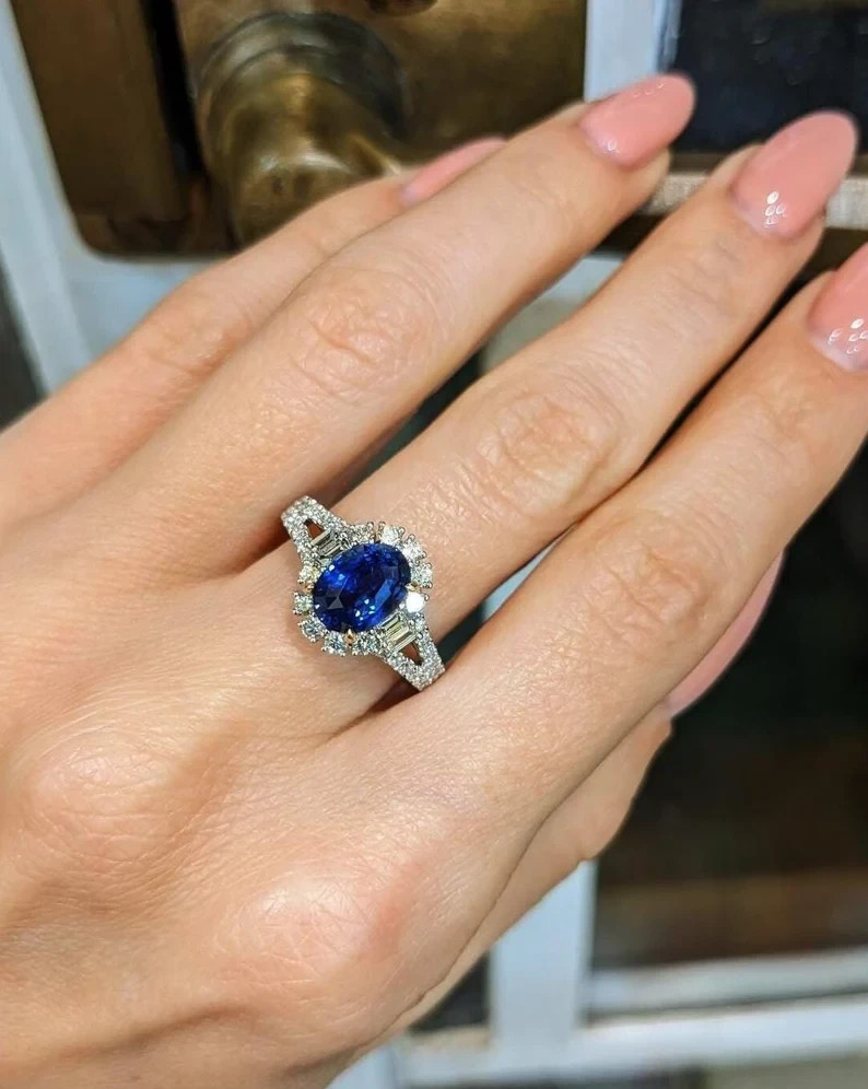 3.10 Ct Oval Natural Sapphire & Diamond Wedding Ring 14K White Gold Size 5