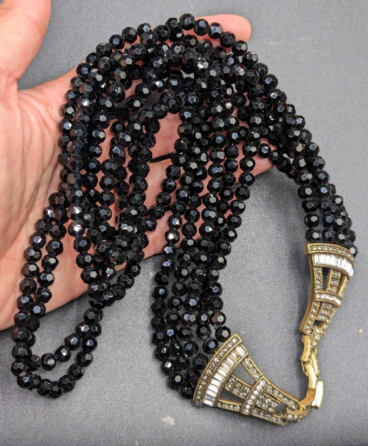 HEIDI DAUS Deco Master Clasp Beaded Black Glass Crystal Rhinestone NECKLACE ONLY
