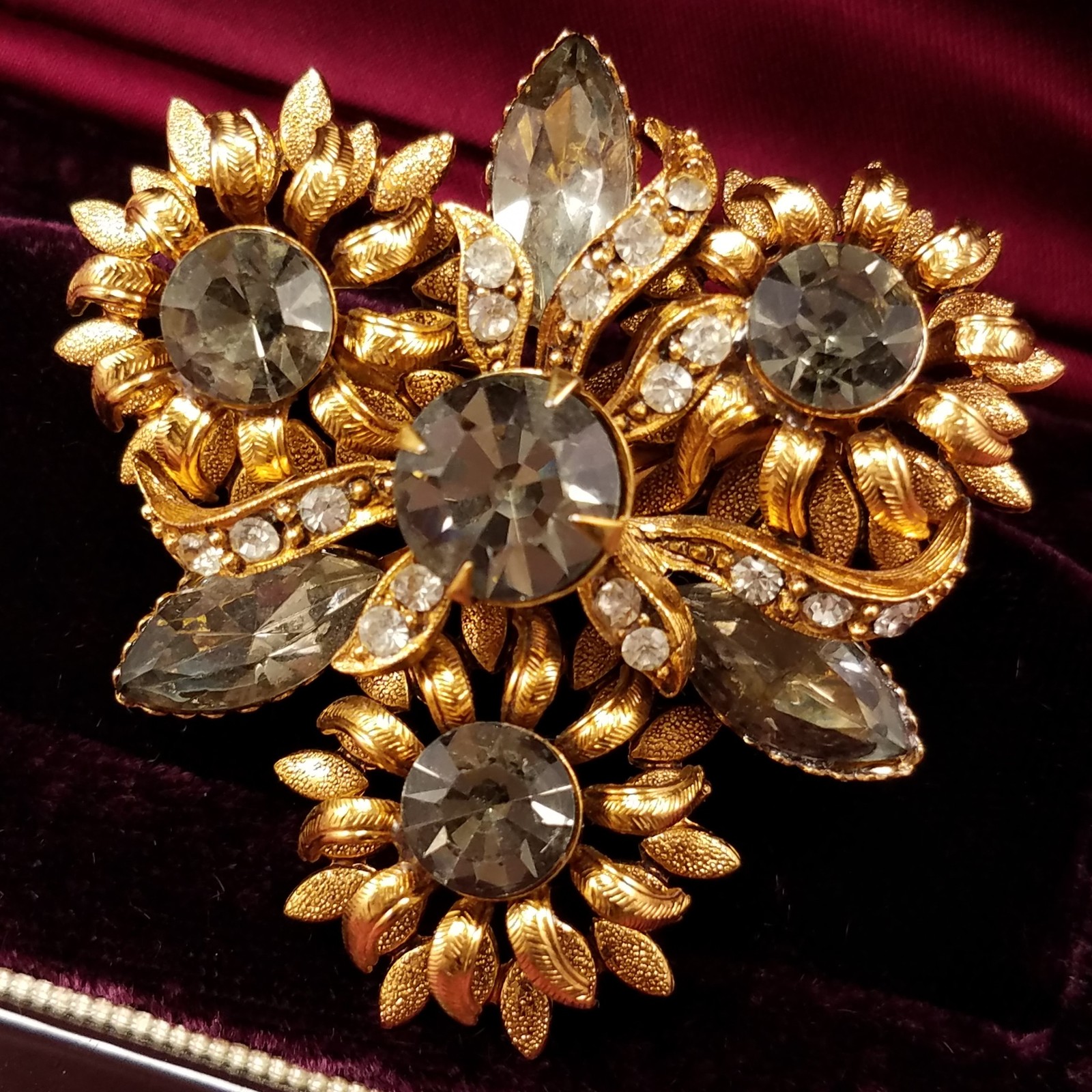 Vintage Riveted Statement Brooch Smoky Navette Crystal Runway Gold Tone Pin