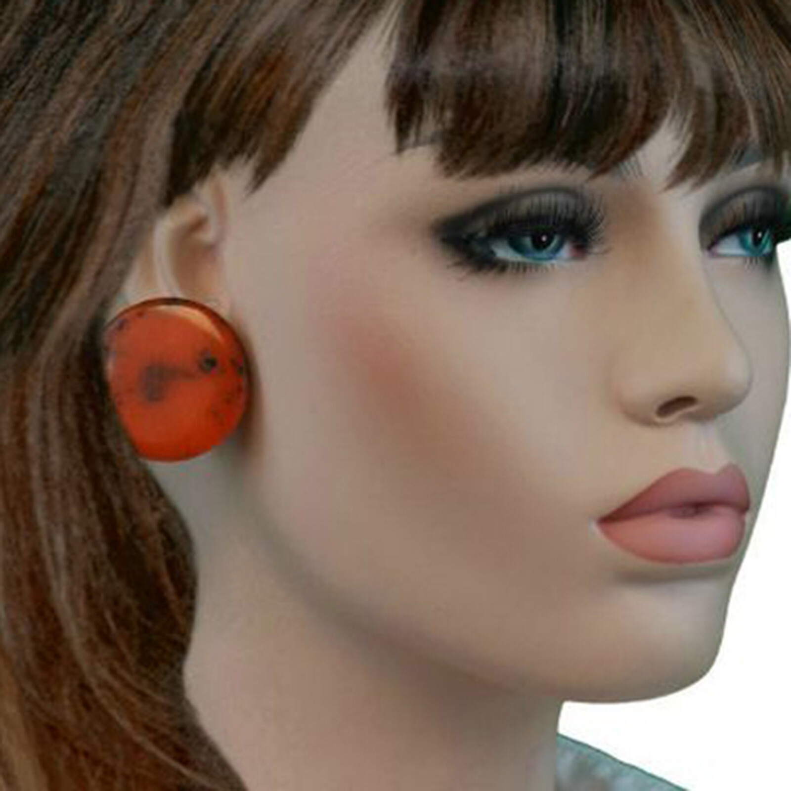 Genuine Bakelite Big Disc Button Clip On Earrings Orange Marbled Vintage 1 3/8″
