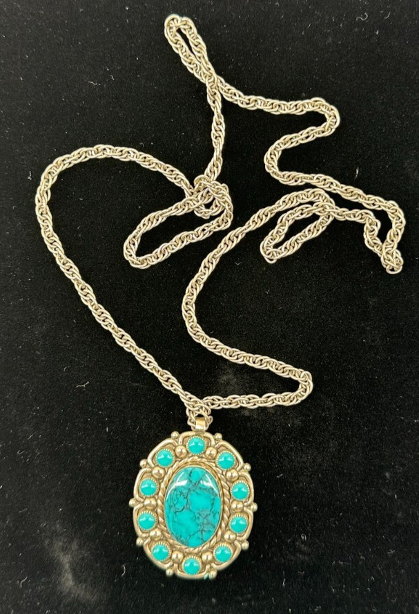 Bell Trading Post Southwestern Nickle Silver Faux Turquoise Pendant Necklace