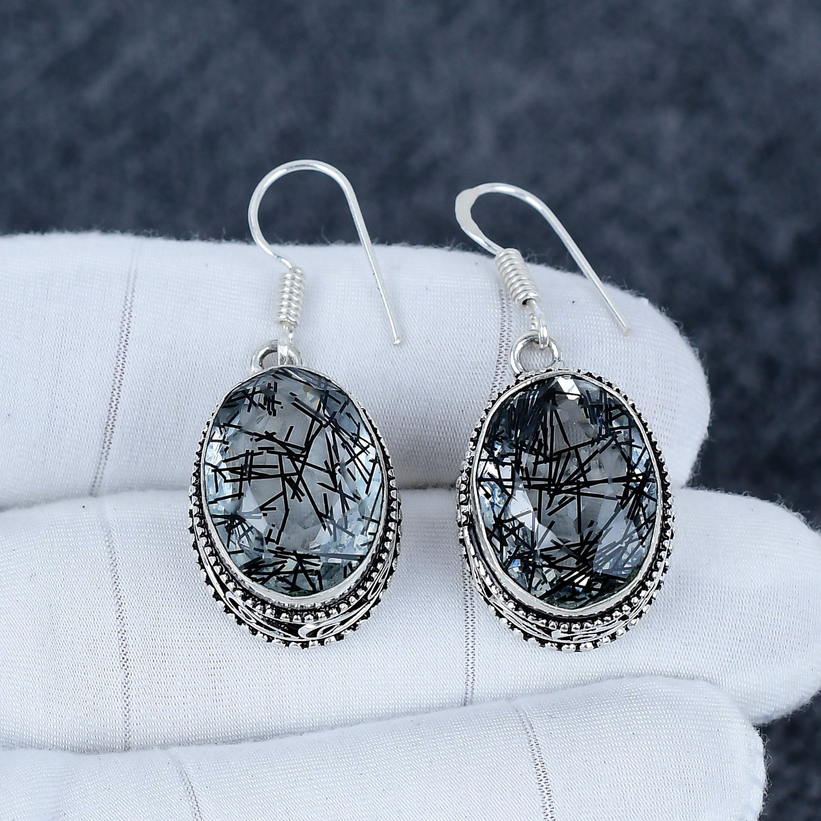 Black Rutile Quartz Earrings 925 Sterling Silver Dangle Earrings Wedding Gift