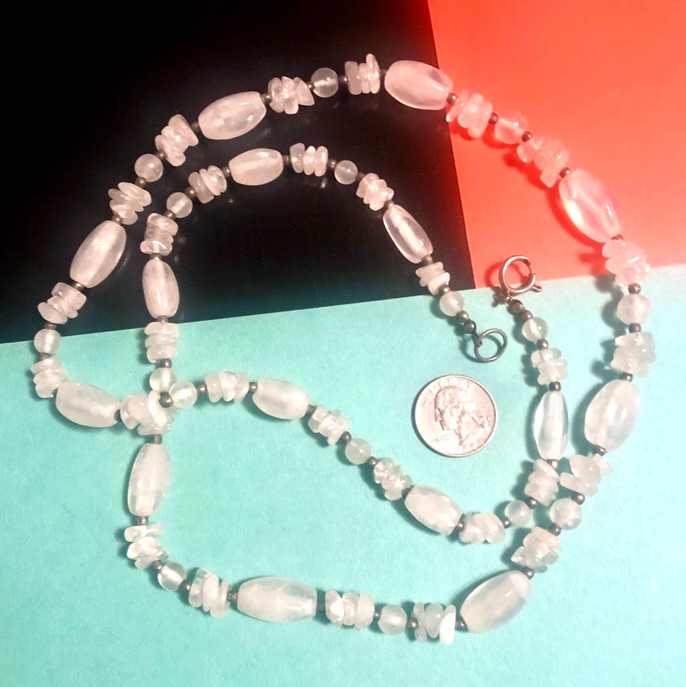 Vintage 34″ QUARTZ Stone BEAD NECKLACE~ White Semi Transparent Polished Ovals