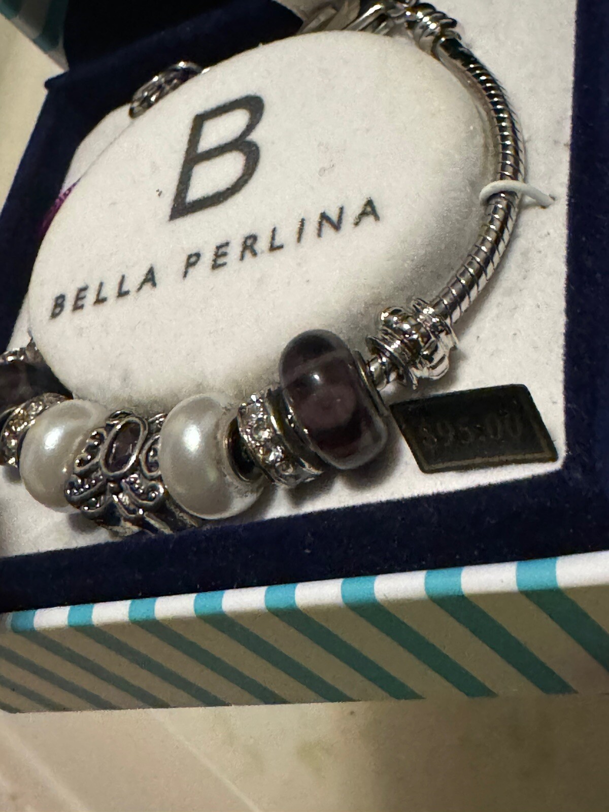Bella Perlina Purple Butterfly Charm Metal & Pearl Beaded Silver Charm Bracelet