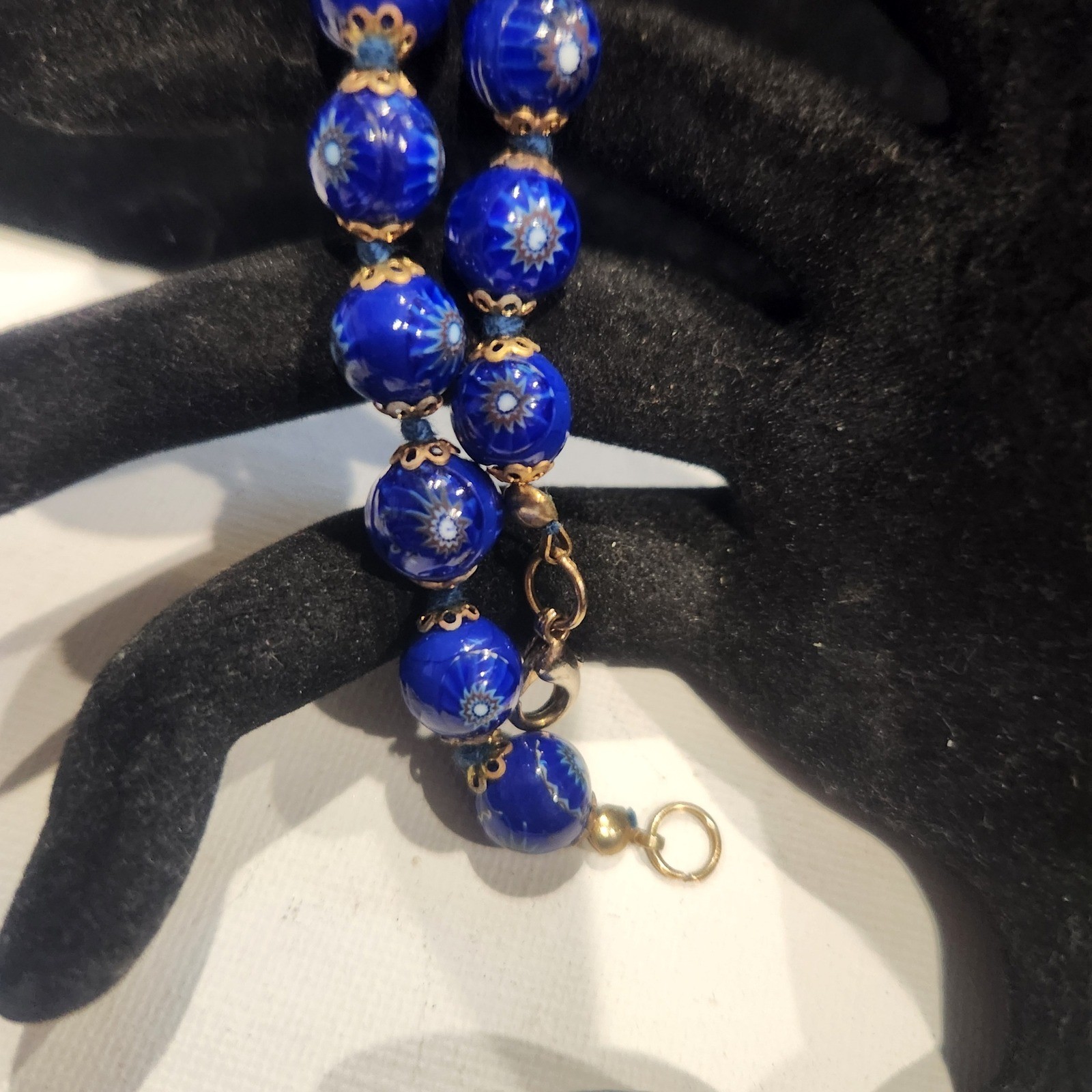 Vintage Venetian Millefiori Glass Bead Bracelet Cobalt Blue Gold Tone 7Inch