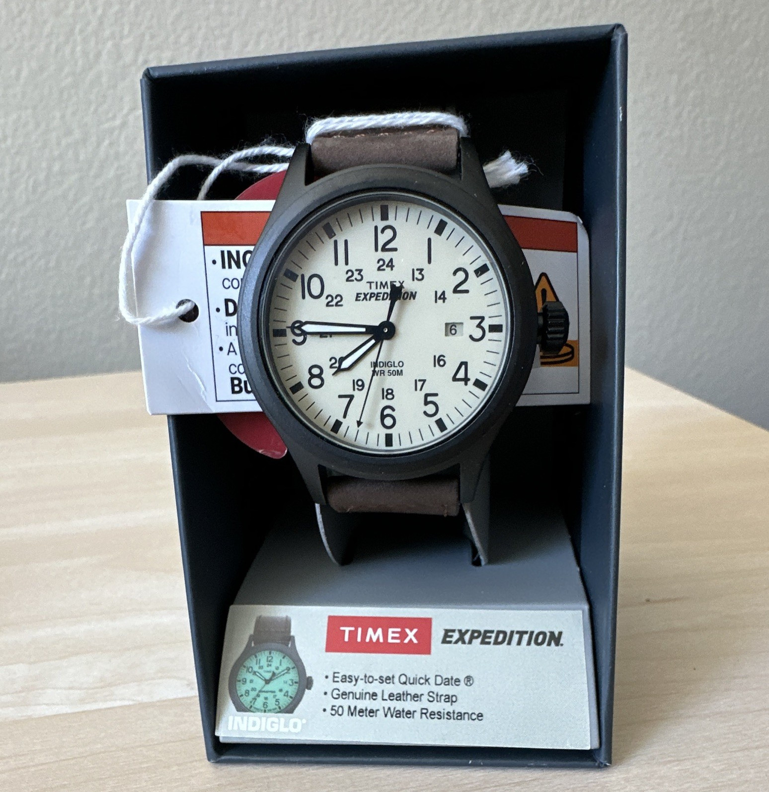 Timex Expedition Quartz 40mm White Dial Date Brown Leather Strap 50m w/ Box