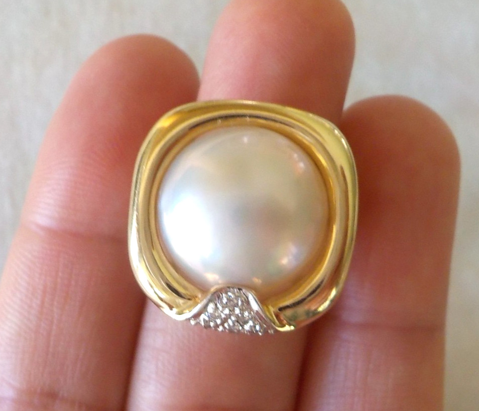 14K Yellow Gold Mabe Pearl Diamond Statement Ring – 6.40 gms, Sz 5.5, 12.8mm