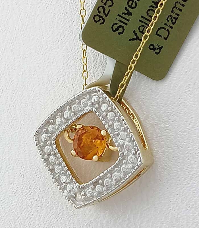 GENUINE 0.23 Cts YELLOW TOPAZ & DIAMOND NECKLACE 14K YELLOW GOLD PLATED (.925)