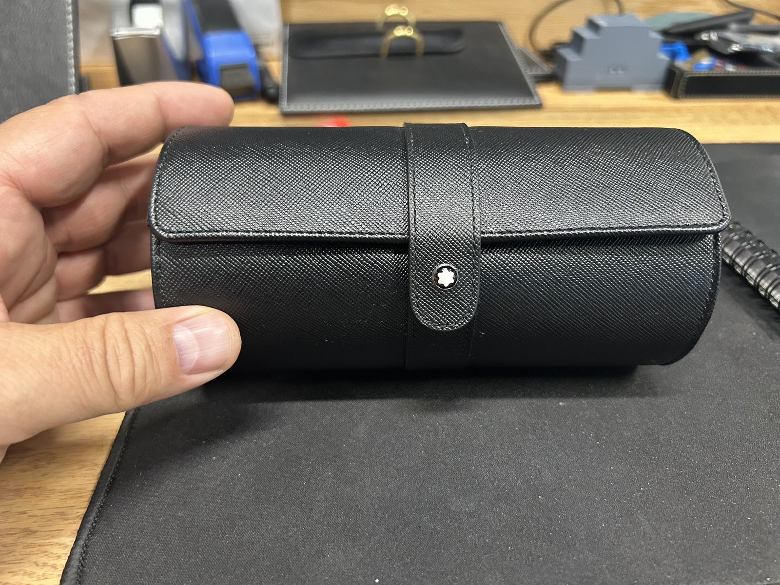 Mont Blanc Authentic black leather Travel 2 Watch Case, made in Italy, new