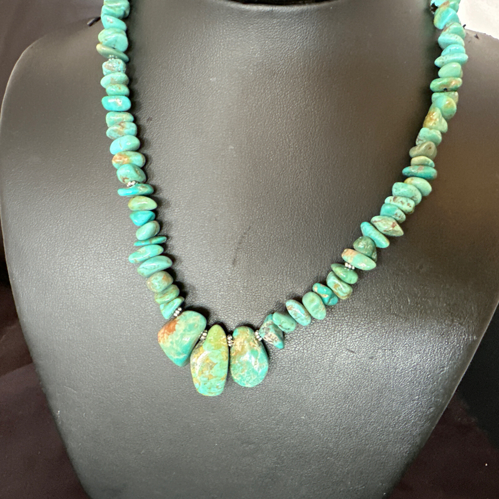 Green Royston Turquoise Bead Navajo Sterling Silver Beads Necklace 16” 15992