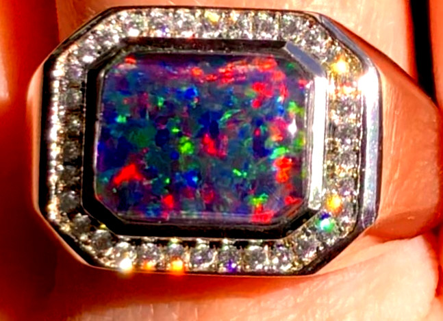 Heavy SS 10 SOLID Natural Australian Black Red Opal Men’s ring Signet SEE VIDEO