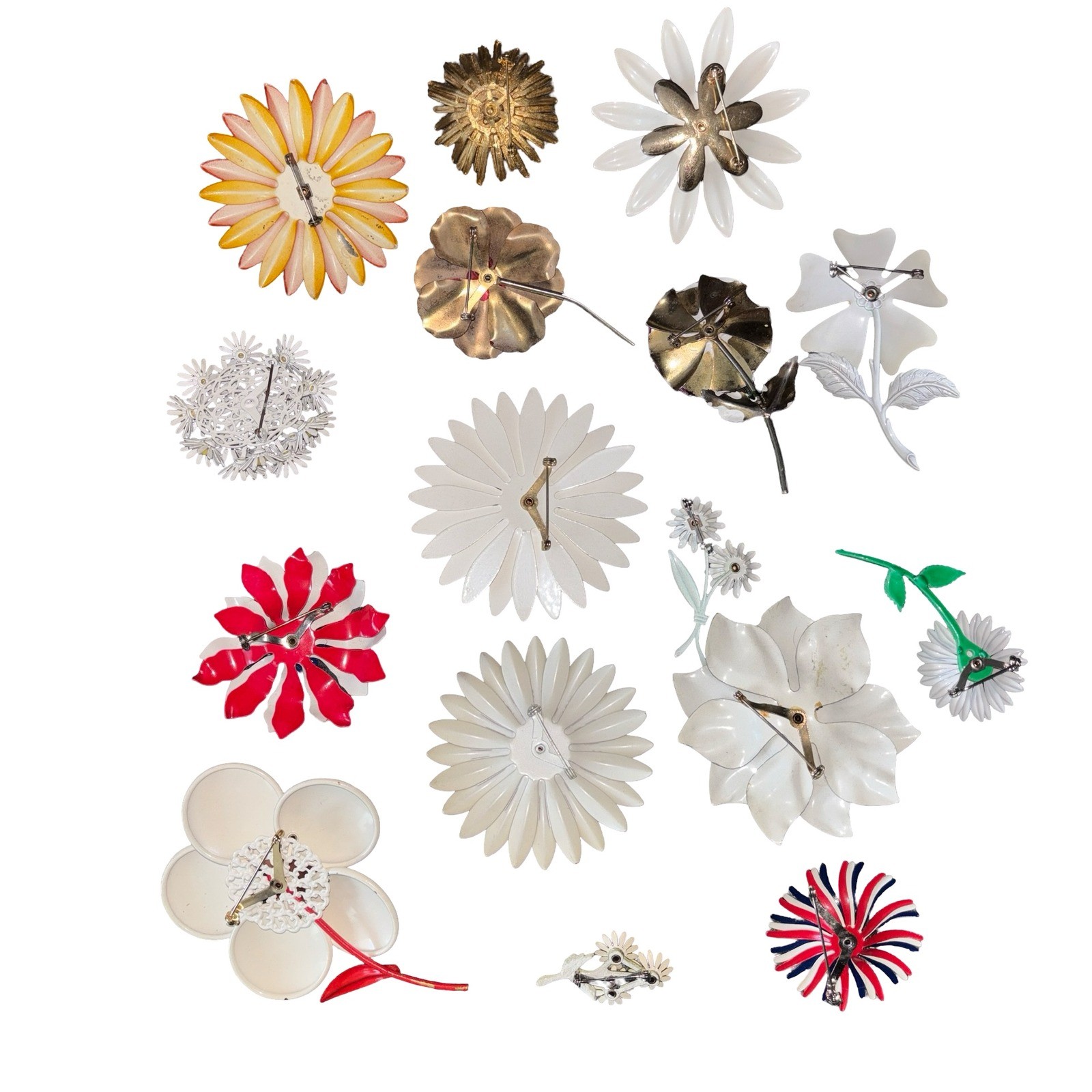 16 Vintage Flower Power Enamel Metal Brooch Pin Lot Retro 60s 70s