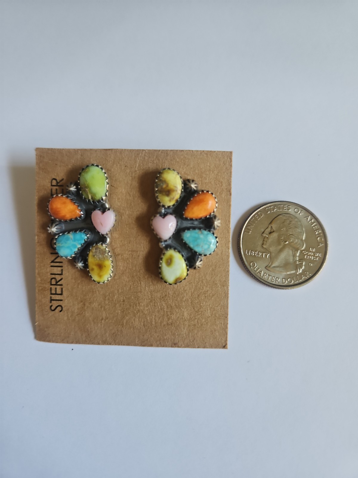 Sterling Silver Turquoise Multi Stone Half Cluster Post Closed Back Earrings
