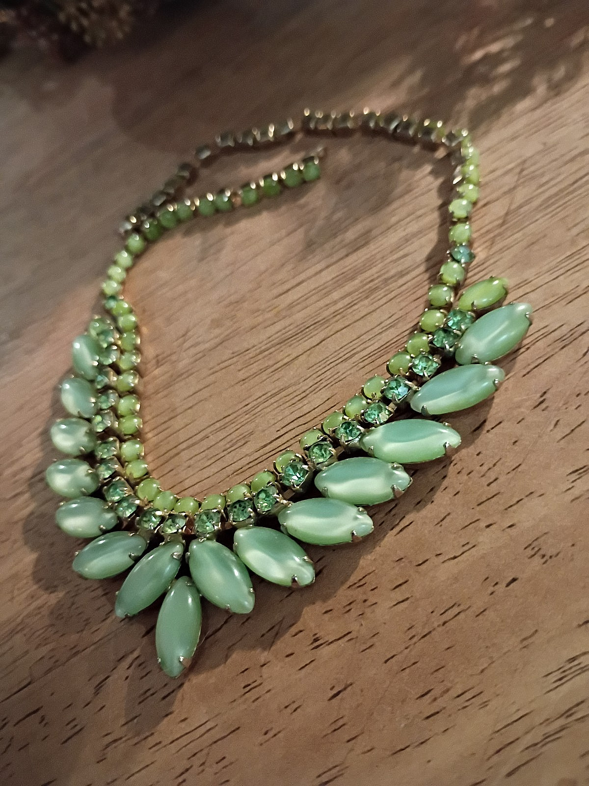 Signed Vintage Joseph Warner Mid-Century Green Moonglow Lucite Necklace (AS-IS)