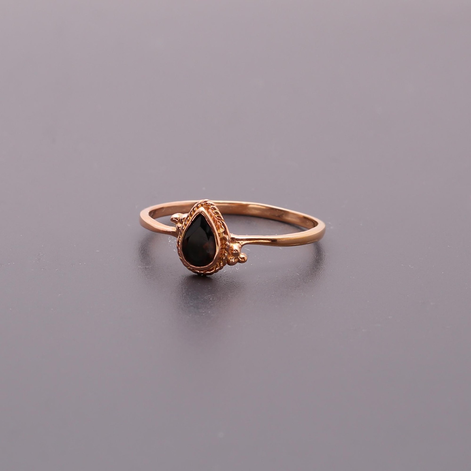 Natural Black Onyx Pear Ring Rose Gold Fill 925 Sterling Silver Unique Jewelry