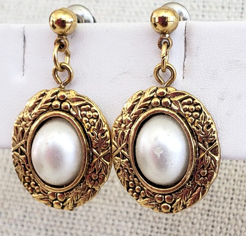Vintage Victorian Rev Faux Pearl Gold Tone Small Dangle Pierced Earrings 1-1/8″