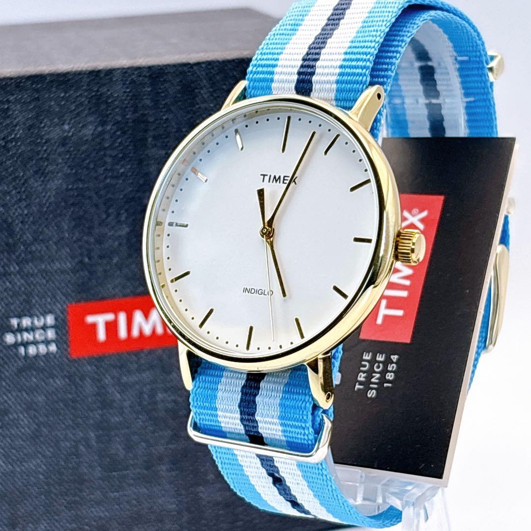 TIMEX TW2P91000 Watch Gold Case Blue Navy White Nylon Strap 43 5mm Analog