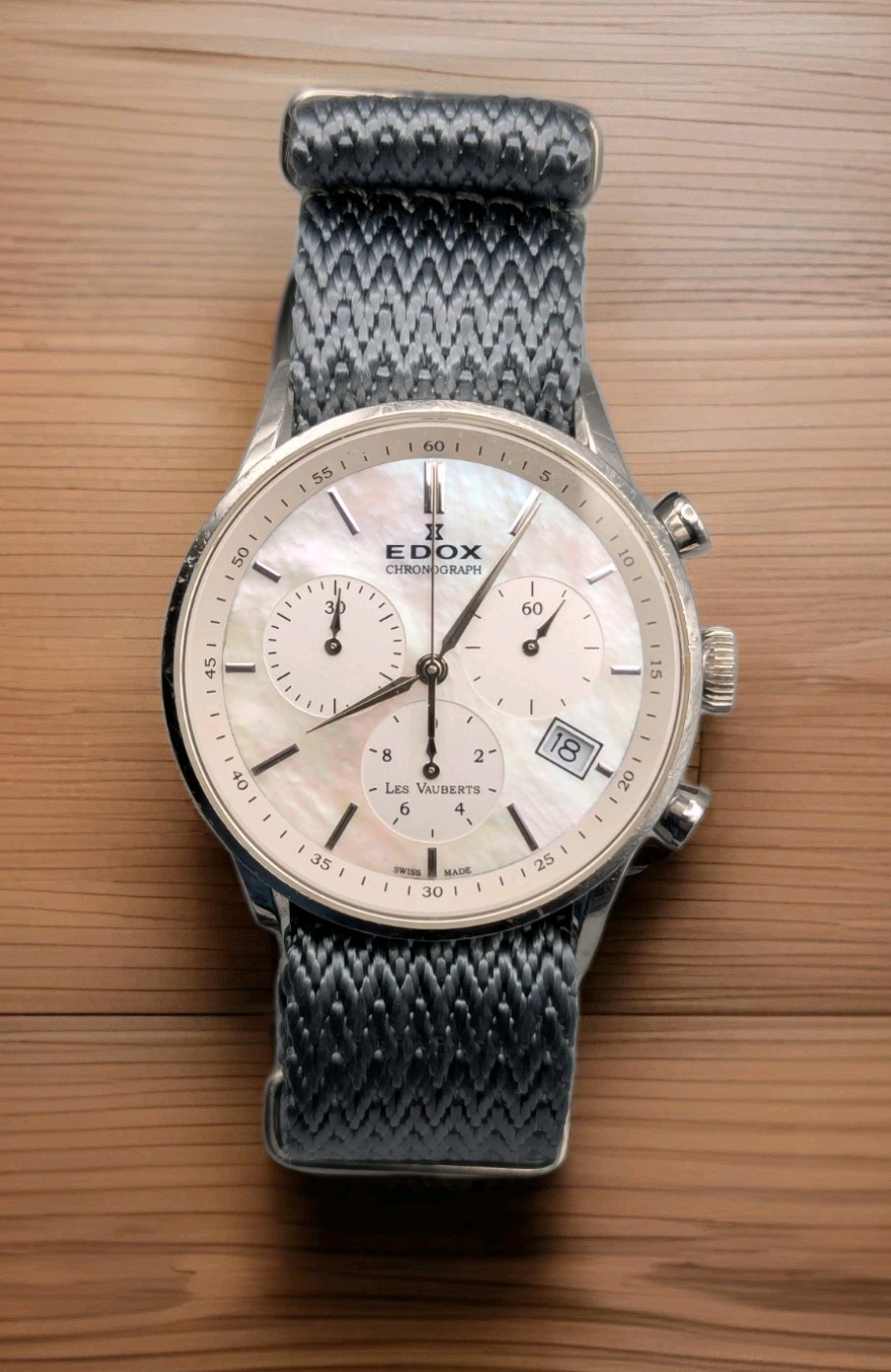 Edox Les Vauberts Quartz Chronograph. Mother Of Pearl Dial. ZuluDiver NATO Strap