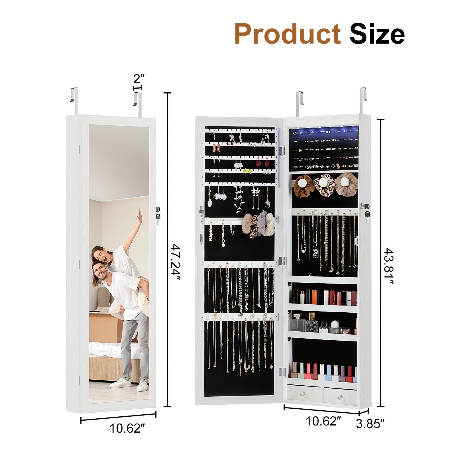 47.2-Inch Tall Lockable Wall Or Door Mounted Jewelry Cabinet With Mirror
