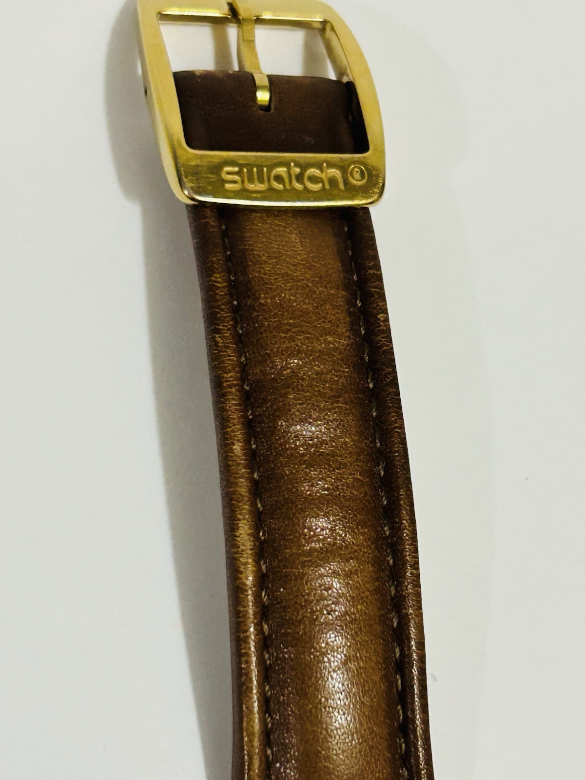 Swatch Swiss Lot of 2 Quartz Gold Tone Roman Dial Leather Strap Watches