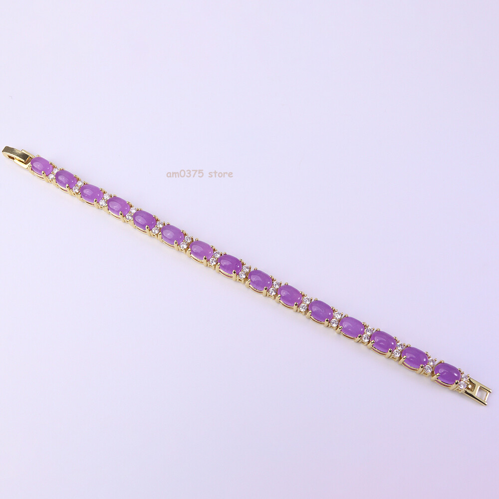 Yellow Gold Plated Alloy Purple Jadeite Zirconic Jade Women’s Bracelet 7.1inchL