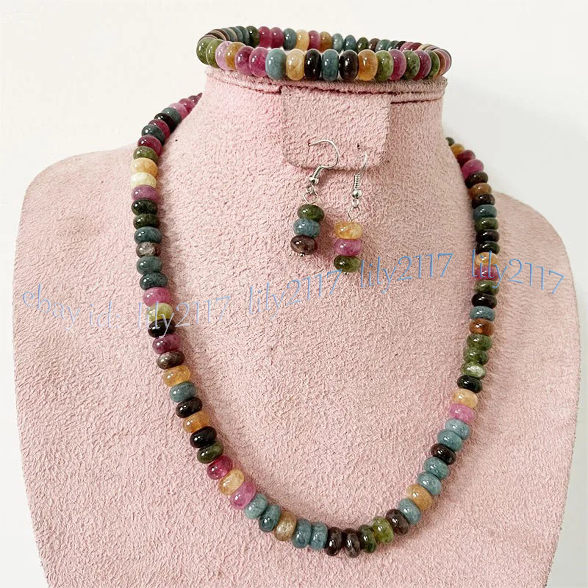 Natural Colorful Tourmaline Rondelle Gems Beads Necklace Bracelet Earrings Set