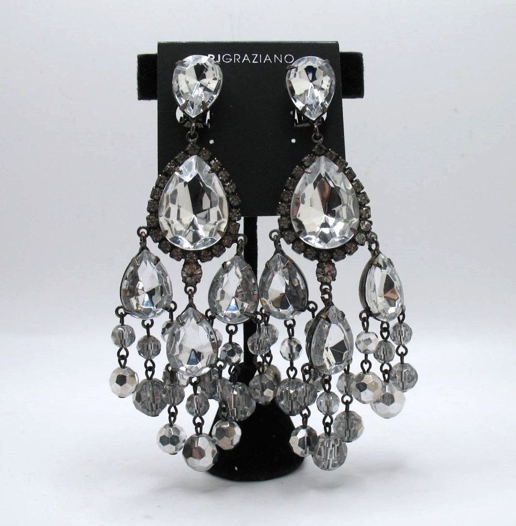 Vintage RJ Graziano clip statement chandelier rhinestone & crystal bead earrings