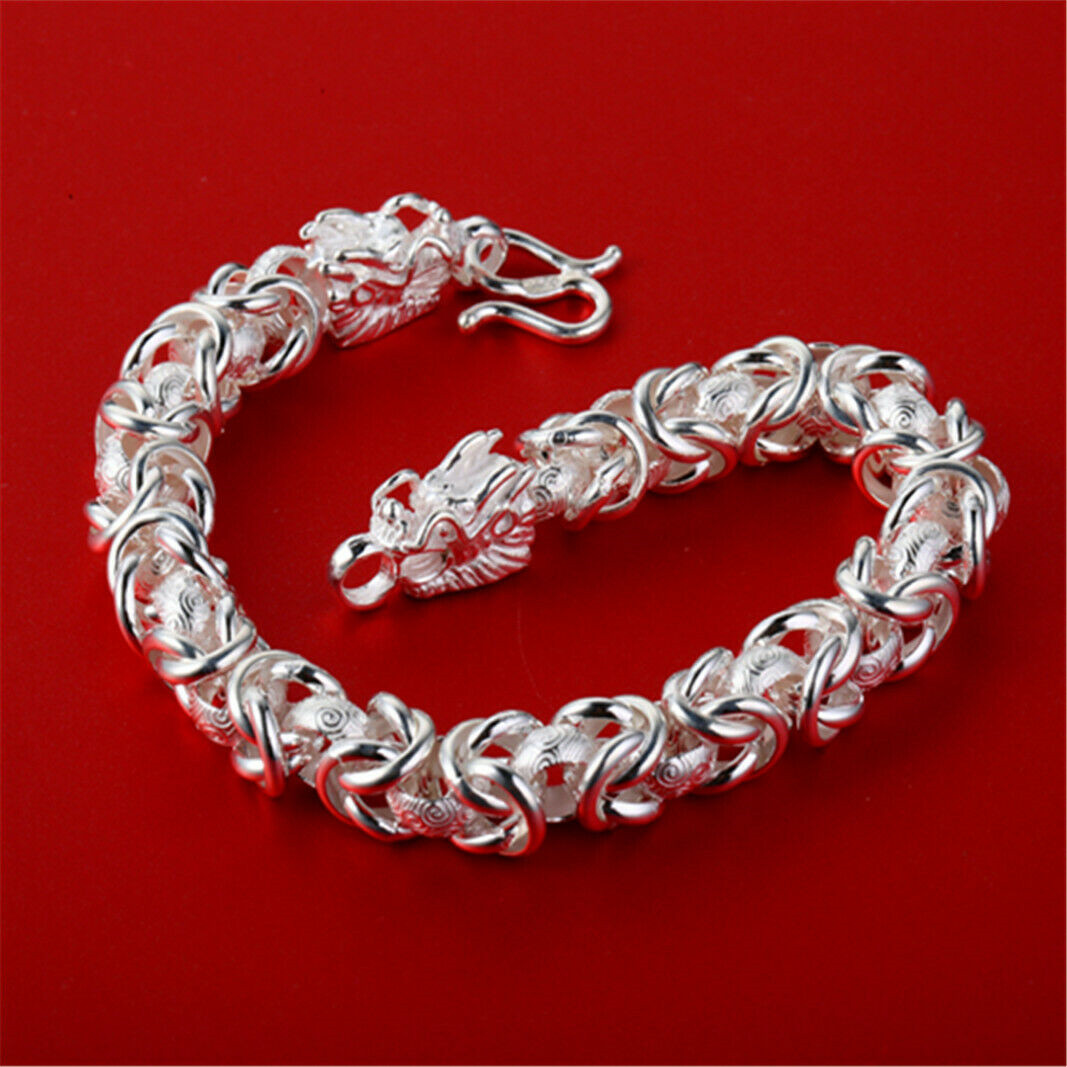 Fine Pure S999 Sterling Silver Bracelet Women Men Dragon Head Engrave Link