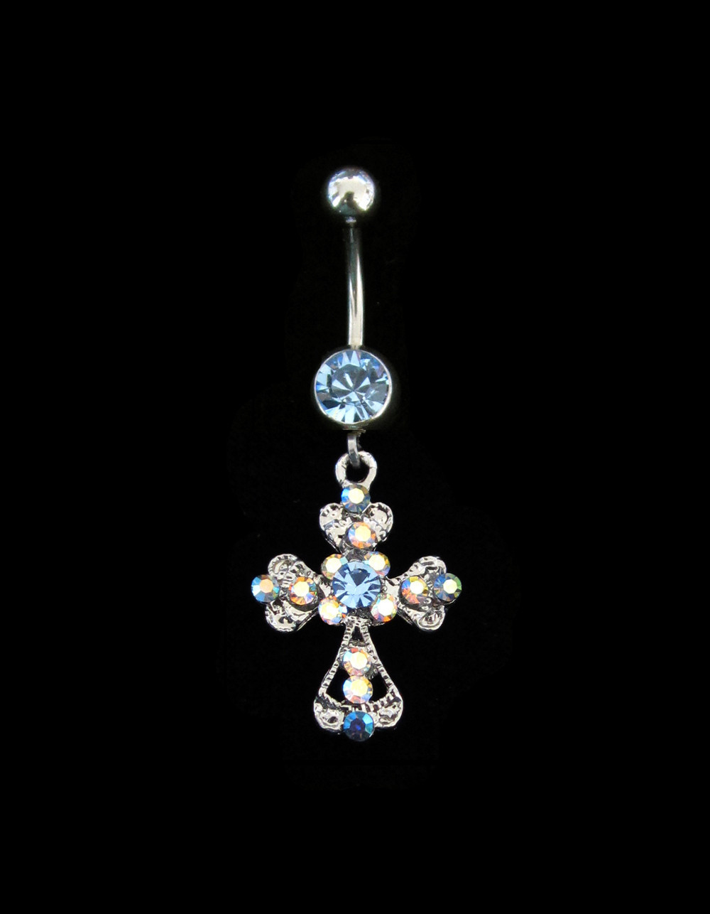 CRYSTAL DANGLING CROSS BELLY BAR NAVEL RING LIGHT BLUE PERIWINKLE TEAL