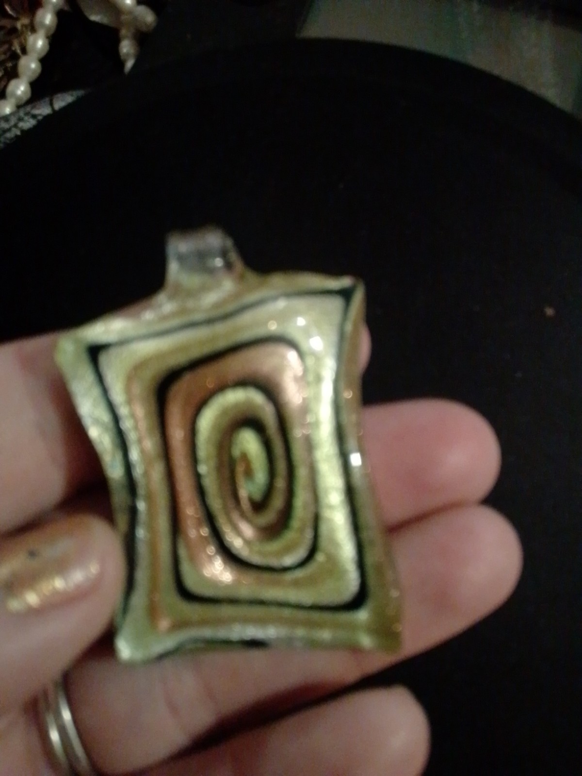 Vtg Vetro Artistico Murano Marked Rectangle Italian Glass Pendant Green Gold Blk