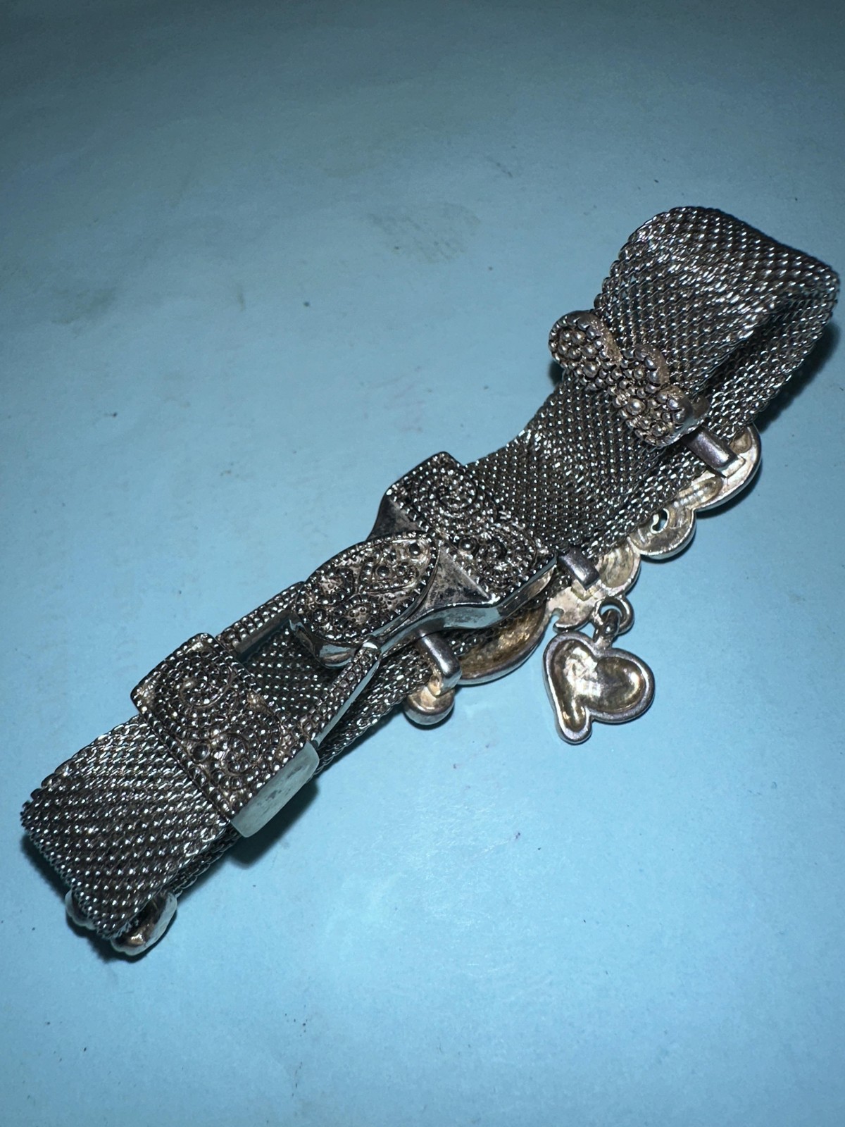 Vintage Silvertone Mesh Crystal Charm Bracelet Filigree Heart Womens Jewelry 7.5