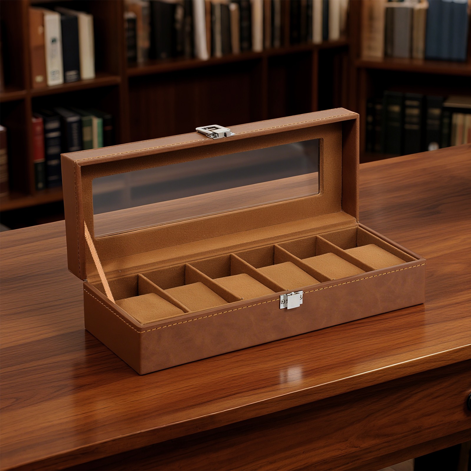 6 Slots Watch Box – PU Leather Case with Glass Lid, Display & Storage Organizer