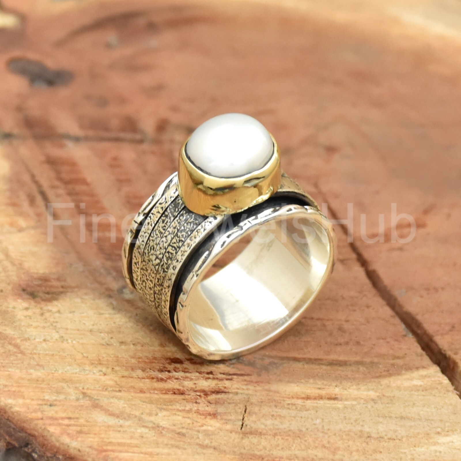 Pearl Silver Spinner Ring, Two Tone Ring, Wide Band Ring, Handmade Women Ring