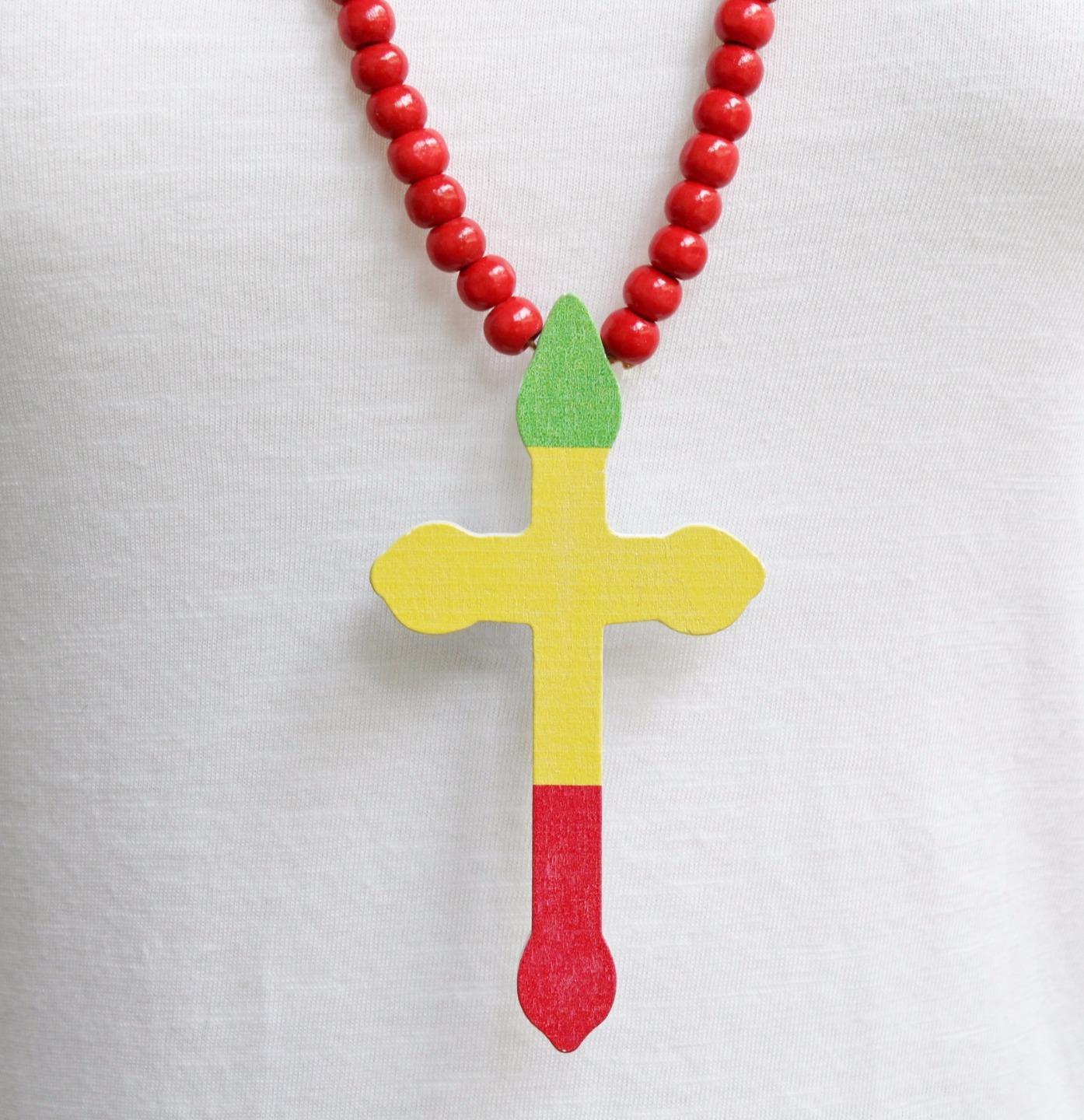 Green Red Yellow Black wood cross long necklace big pendant wooden bead beaded