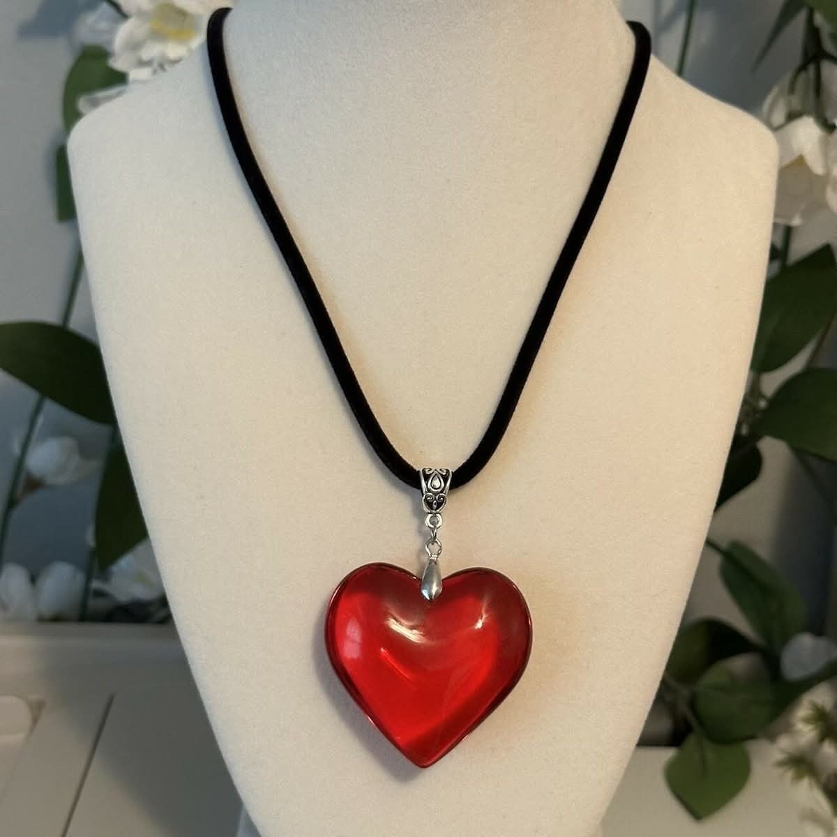 Red Glass Heart Pendant Necklace Black Cord Chain Adjustable Lobster Closure