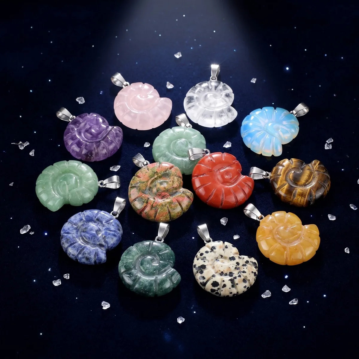 5PCS Carved Gemstone Conch Shell Pendant 25mm Crystal Ammonite Fossil Charms