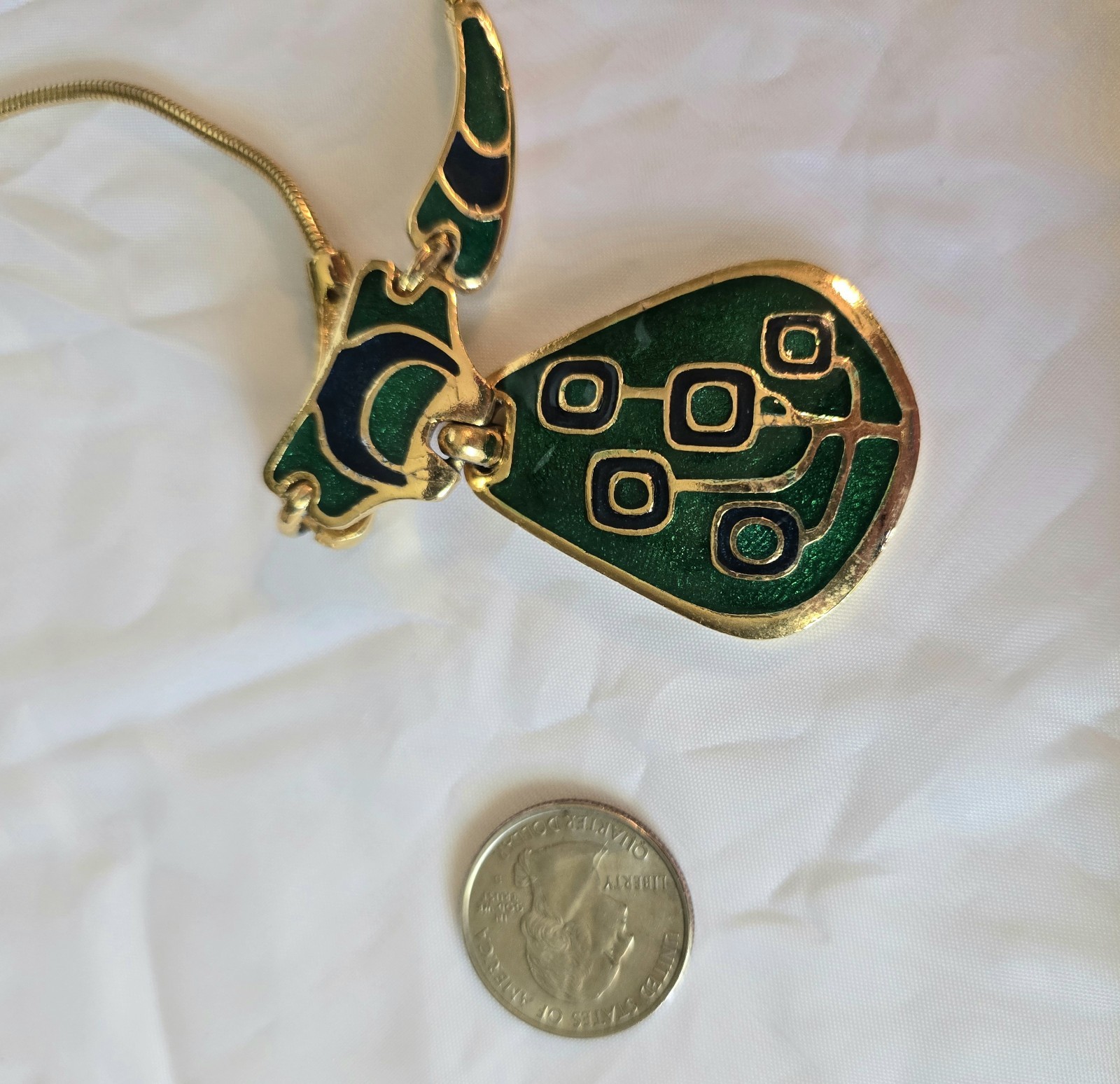 Vintage 1970s Blue & Green Enamel Gold Tone Collar Necklace, made in Thailand