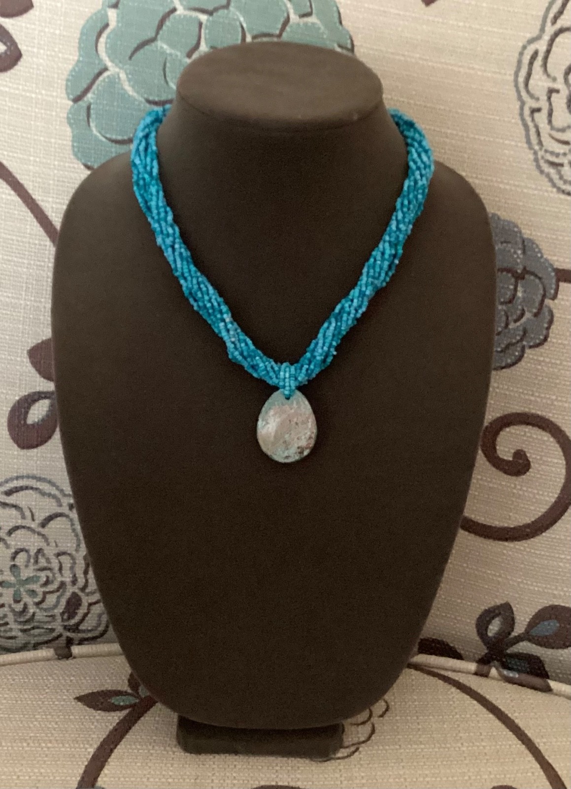 Blue multi-strand twist seed bead necklace teardrop Pendant artsy boho SW style