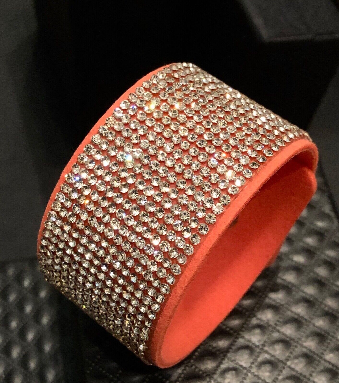 Swarovski Element Crystal Wrap Bracelet Orange Alcantara Leather Wide Bling Cuff