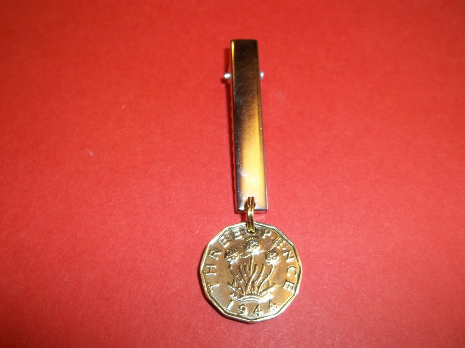 THREE PENNY BIT COIN – PENDANT NAPKIN CLIP – 1951 – 75th BIRTHDAY – RARE YEAR