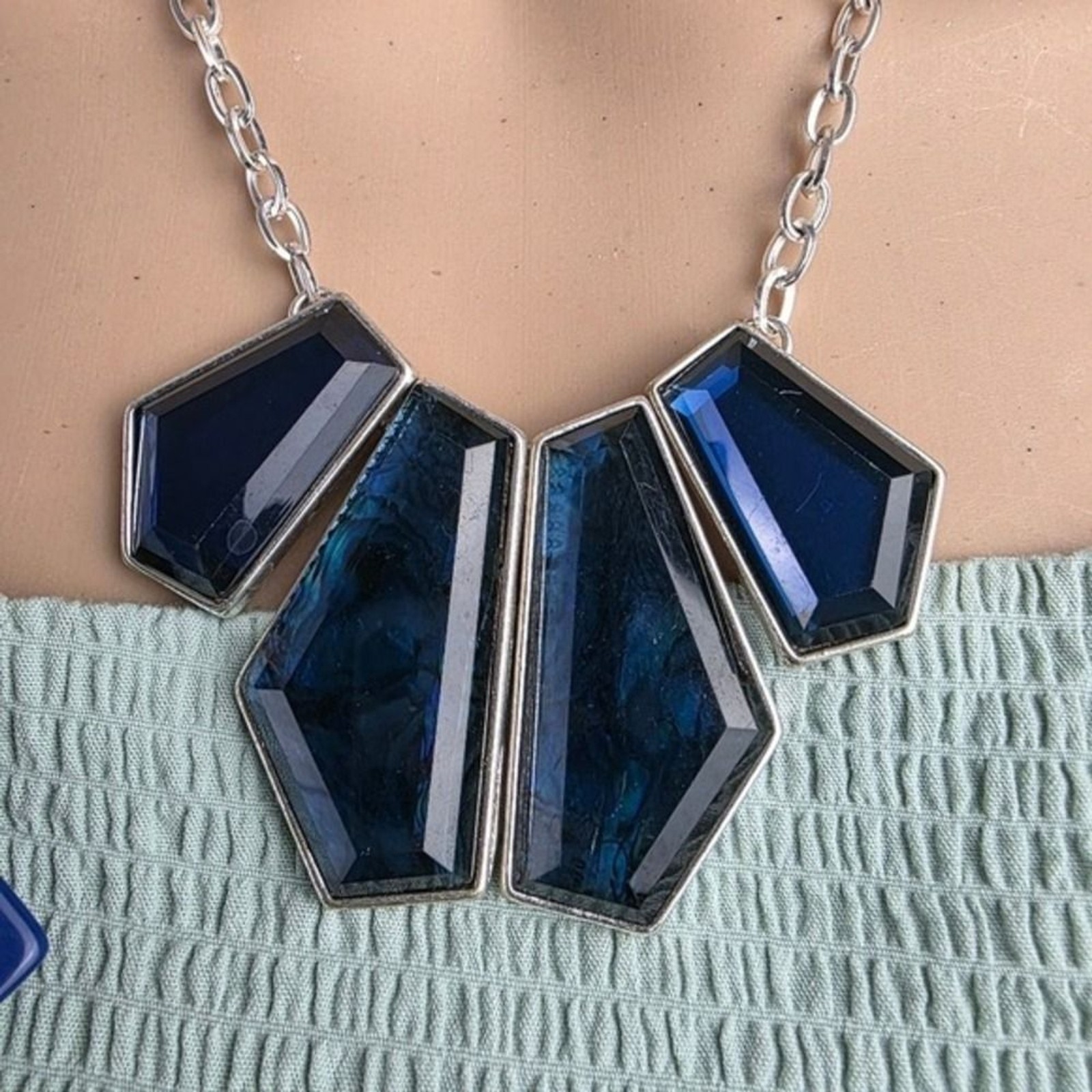 Statement Bib Necklace Geometric Dark Blue Stones Silver Tone Chain