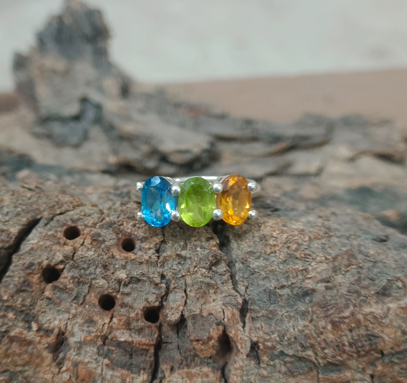 925 Sterling Silver Citrine, Blue Topaz, Peridot Gems Ring Jewelry US S 6 R-06
