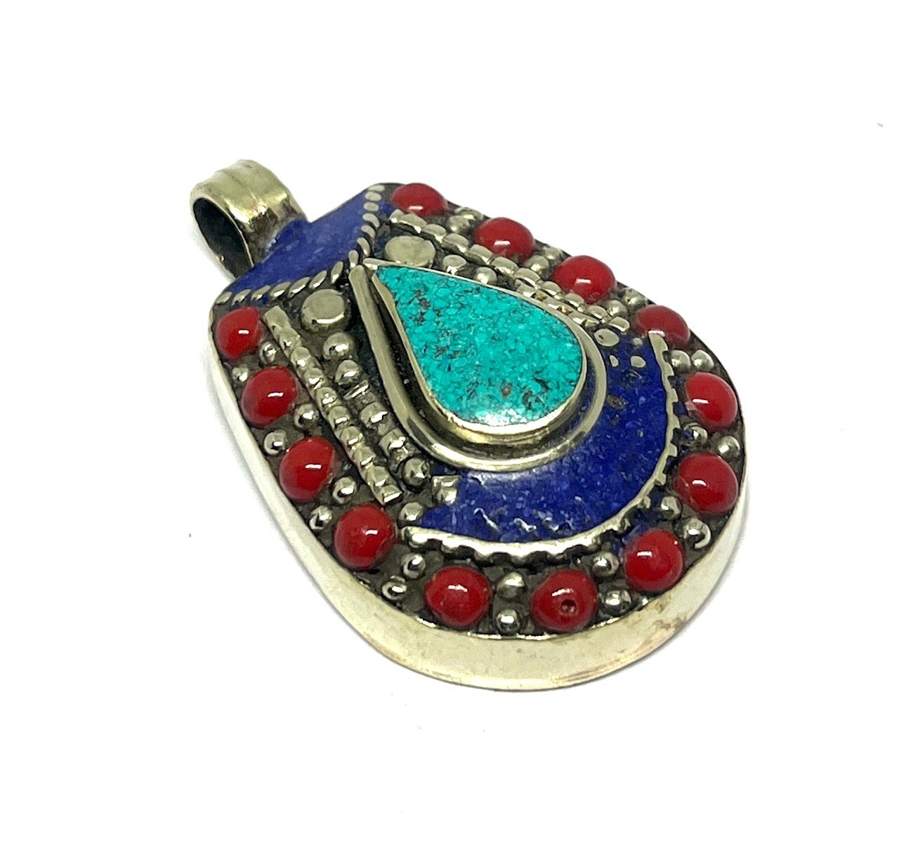 Red Coral, Turquoise Gemstone Tibetan Style Boho Pendant Jewelry, 1.6 inch