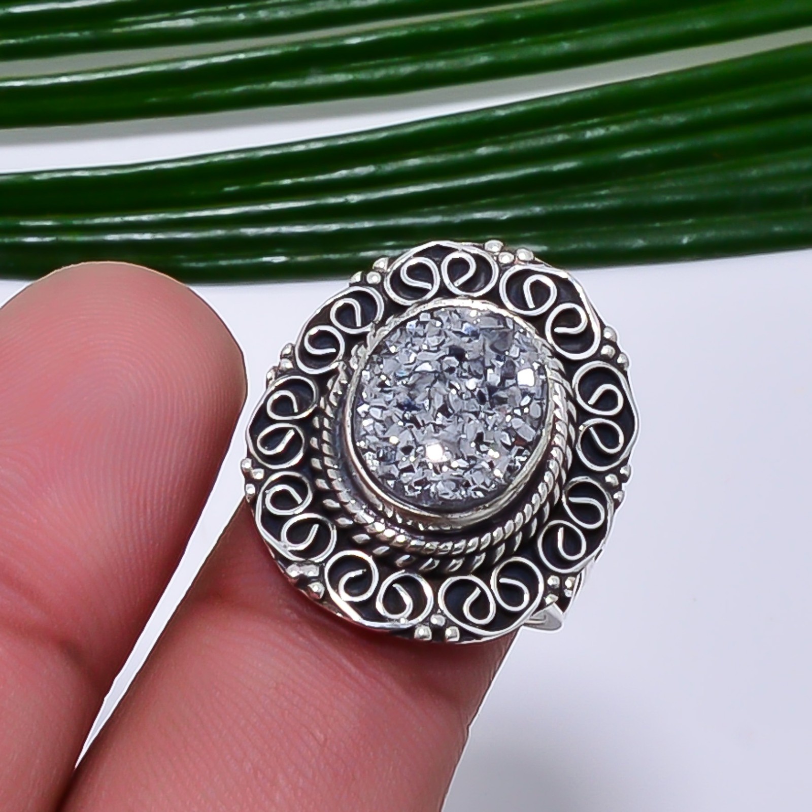 Silver Titanium Agate Drusy Fine Art Oxidised 925 Sterling Silver Ring S.6.5 R69