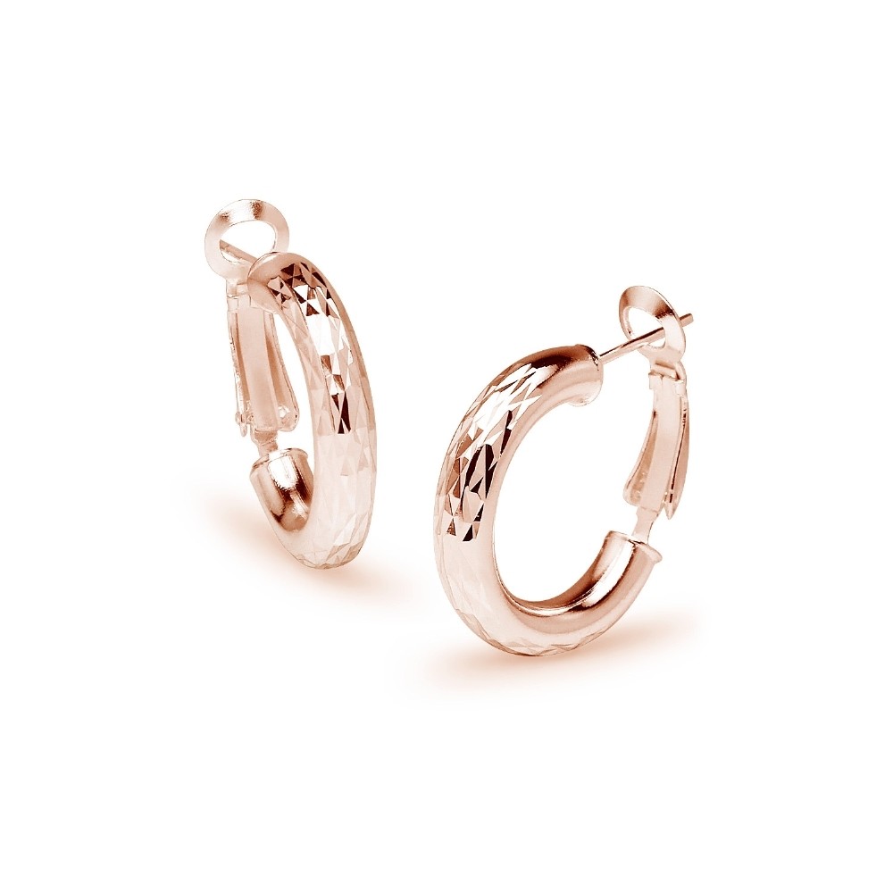 Diamond Cut Clutchless 4x20mm Hoop Earrings in Rose Gold Plated Sterling Silver