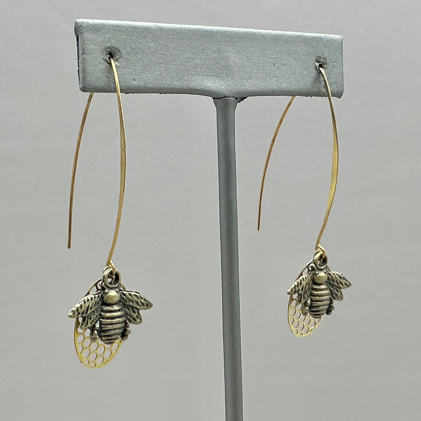 Earrings Women Gold Honey Bee Honeycomb Long Kidney Wire Dangle Drop 2.25 Inch
