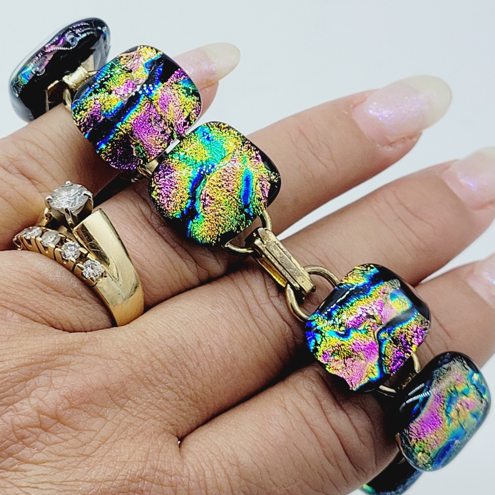 Dichroic Glass 6.25″ Bracelet Statement Unique Black Pink Blue Purple Gold
