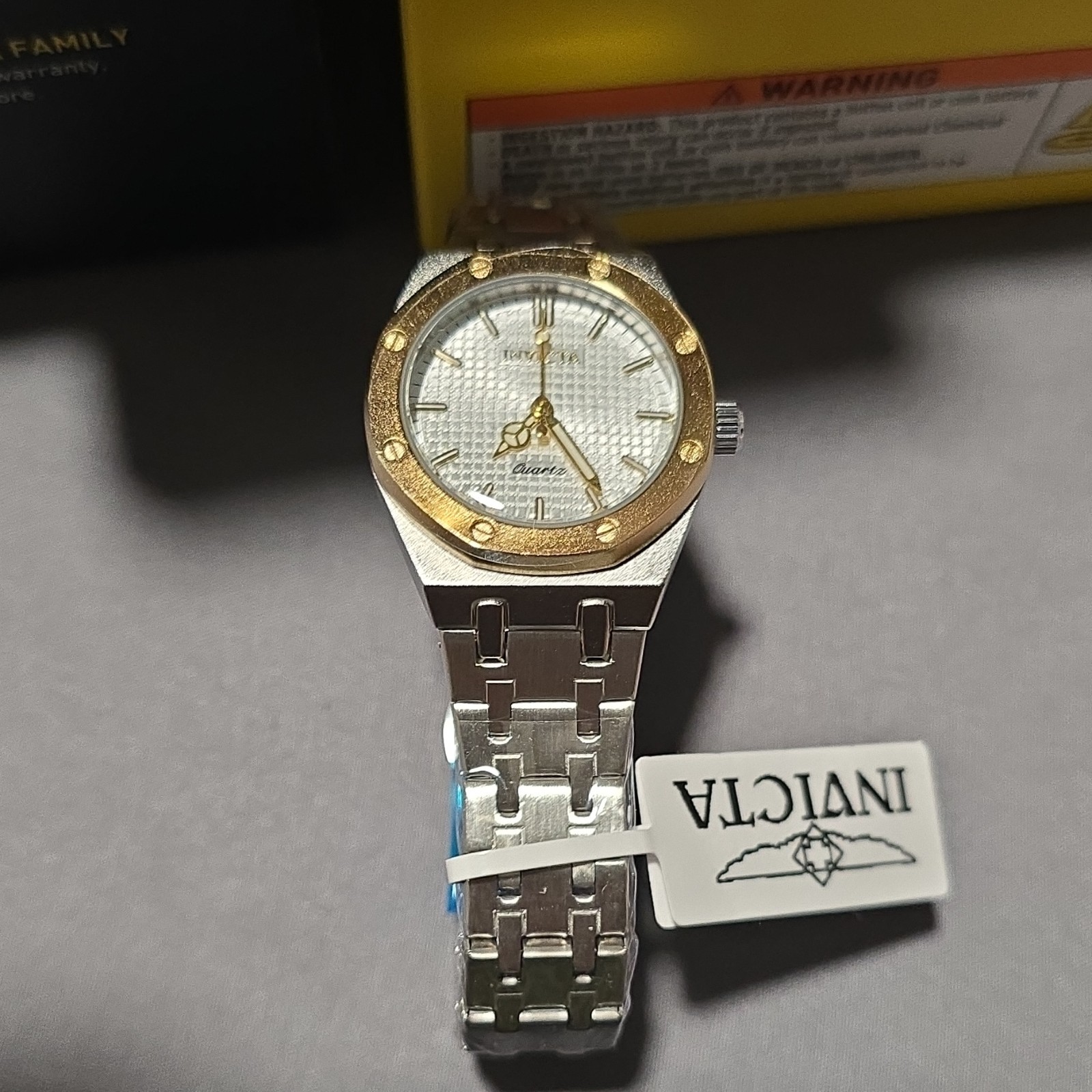 Invicta Quartz Analog Silver Textured Dial Steel Bracelet Gold Bezel w/ Box