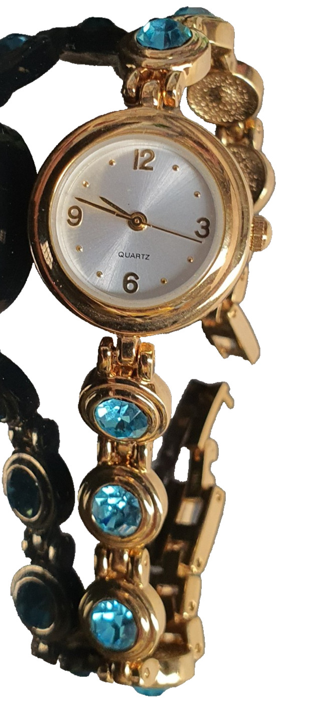 Quartz Women’s Gold Dress Watch Blue Diamontes Japan Movement 17cm Long Band