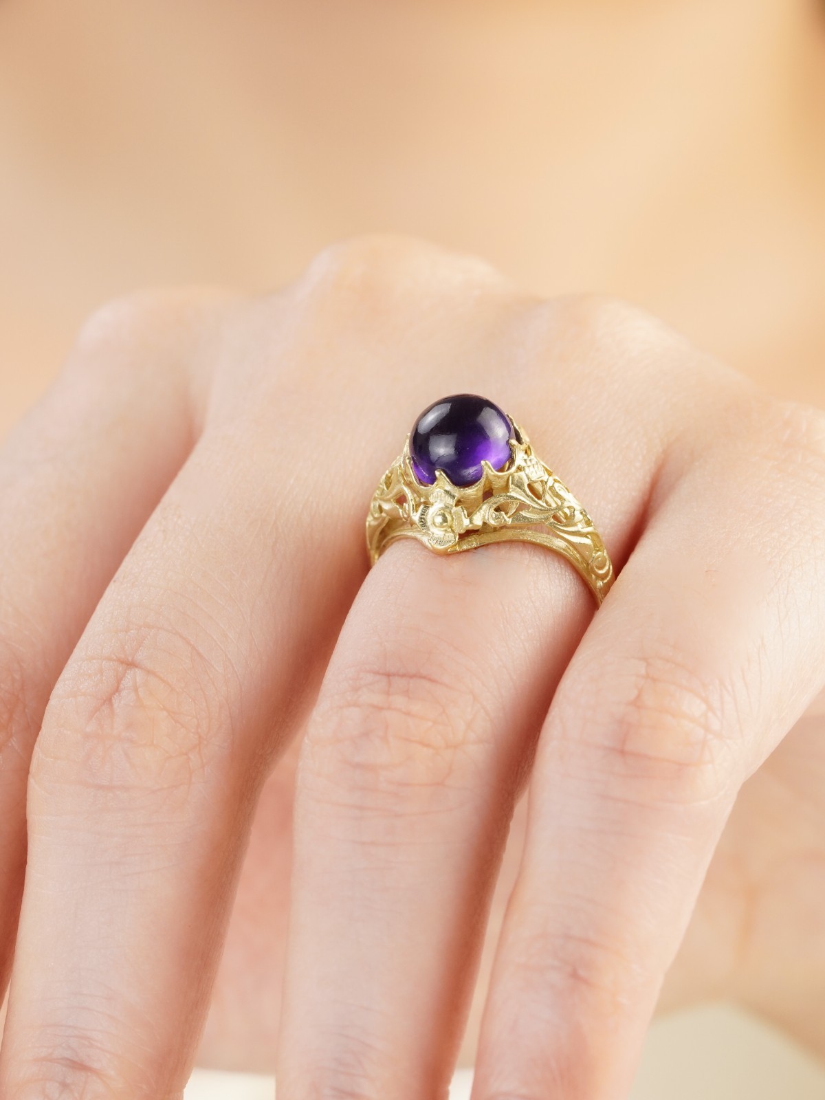 9K Yellow Gold Solid Natural Cabochon Amethyst Vintage Style Filigree Ring